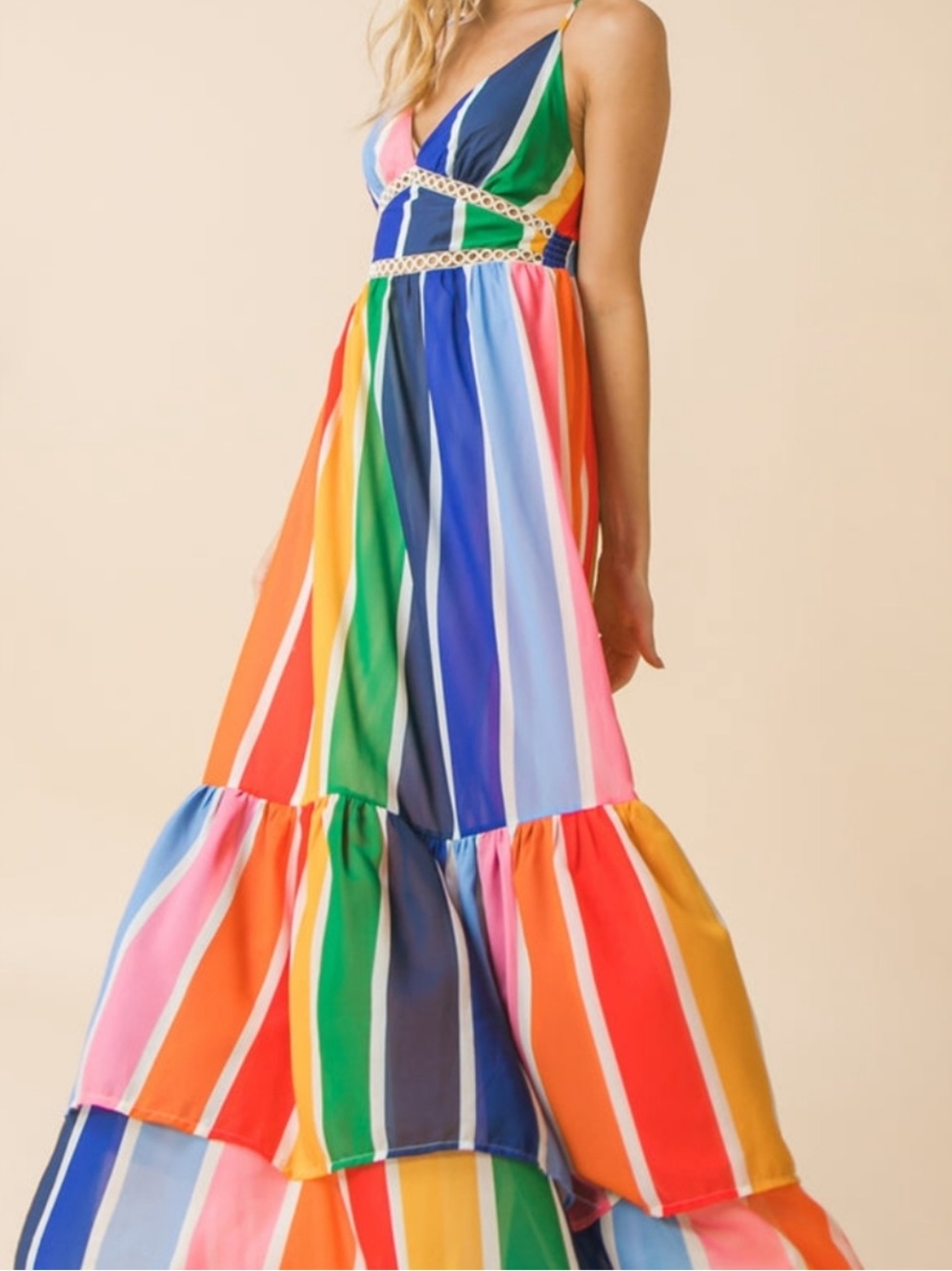 A. Calin by Flying Tomato Rainbow Striped Halter Maxi Dress